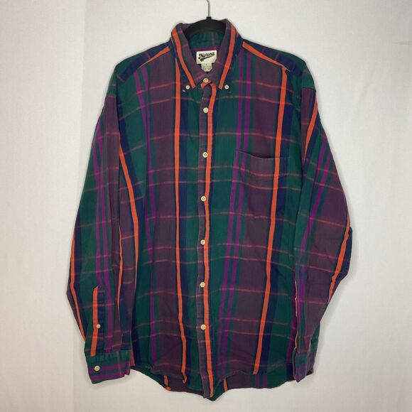 Merona Shirt Mens Large‎ Green Long Sleeve Button Down Plaid Multicolor Orange - Picture 1 of 10